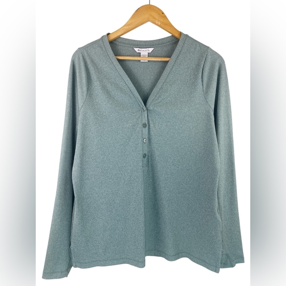 Athleta Uptempo Ribbed Henley Long Sleeve Top in Heathered Green Size XL - Picture 2 of 10